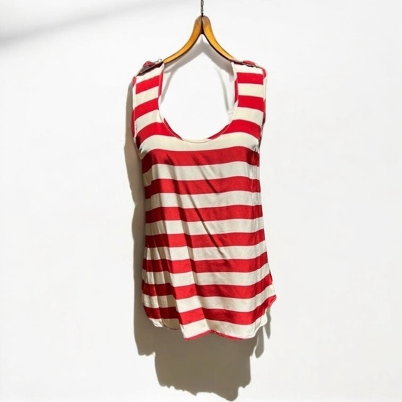 🌻Karina Grimaldi Red & Off-White Stripe 100% Silk Tank Blouse w Epaulets Size S - Picture 1 of 7